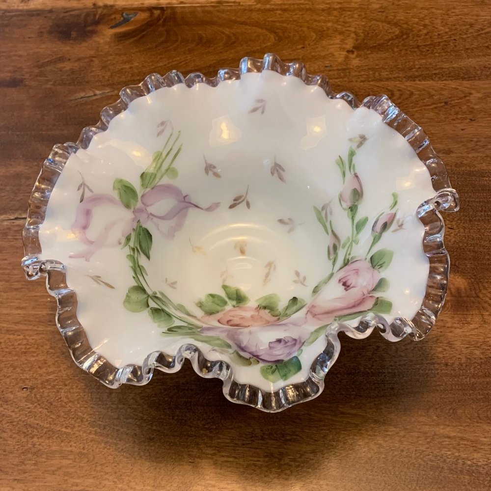 Vintage Fenton Silver Crest Crimped Edge Bowl Hand Painted with Charleton Design